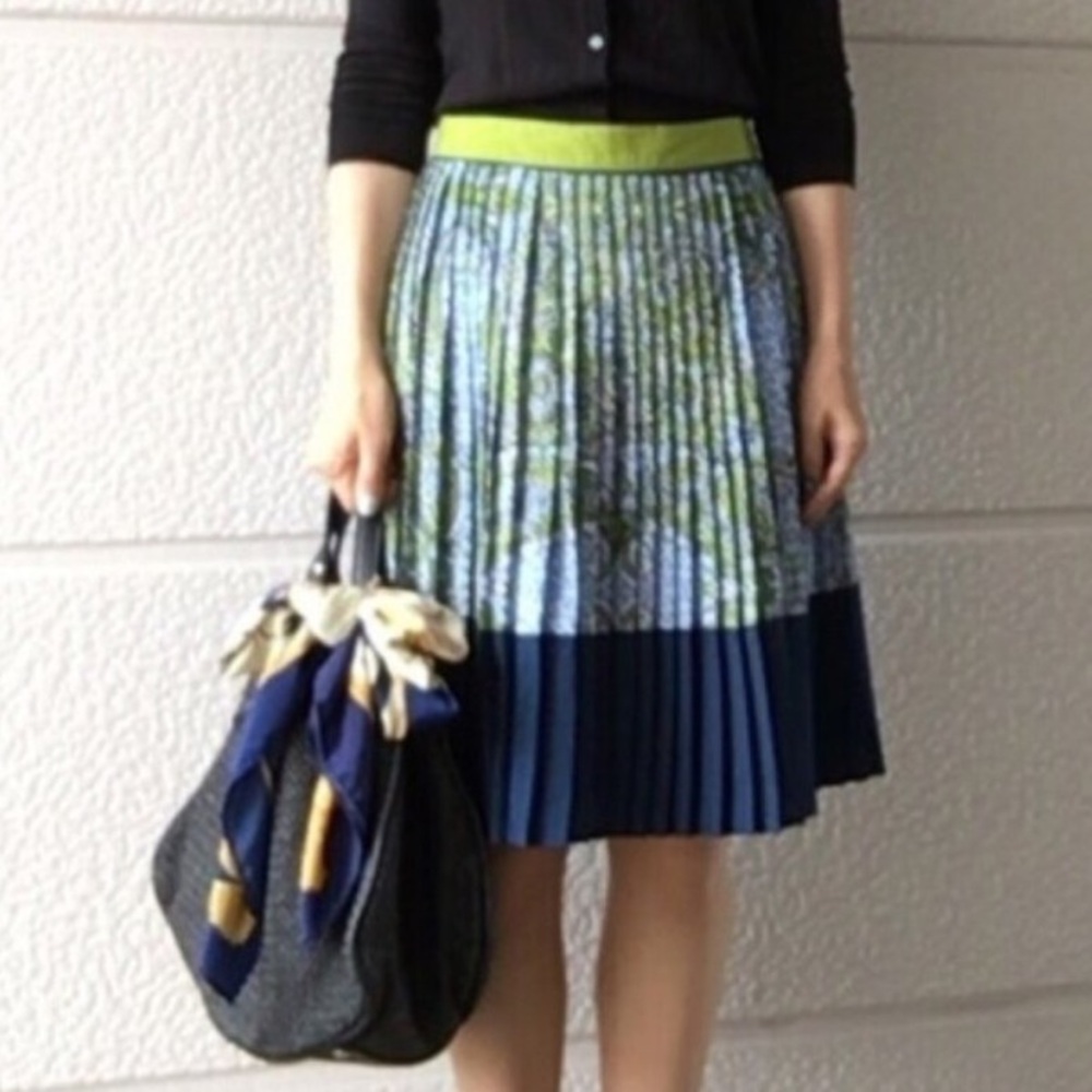 Lands' End Pleated A-Line Skirt in Navy, Lime and Blue Print